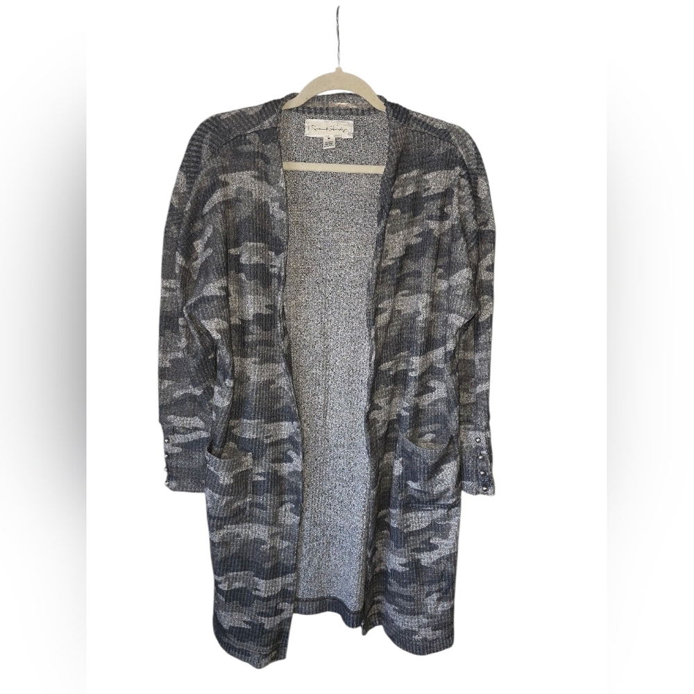 French Laundry Black and Gray Camo Waffle Knit‎ Open Duster Cardigan Soft Medium